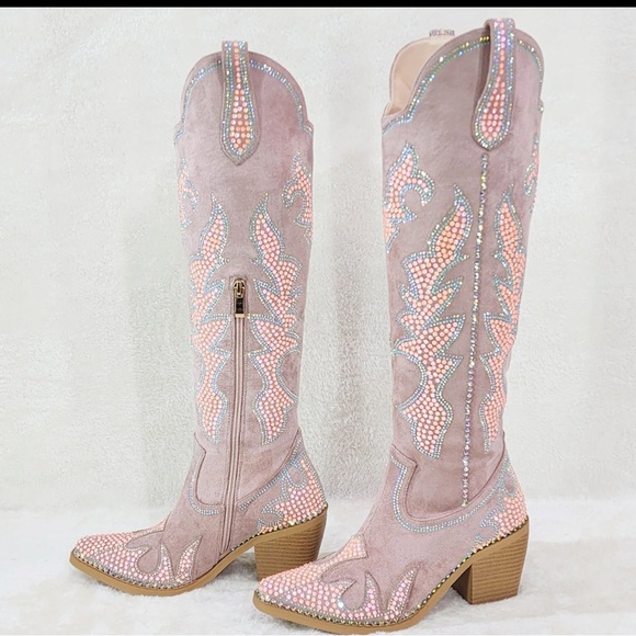 Shoes - Sparks Country Western Cowgirl Knee Boots Dazzleing Iridescent Rhinestones Pink
